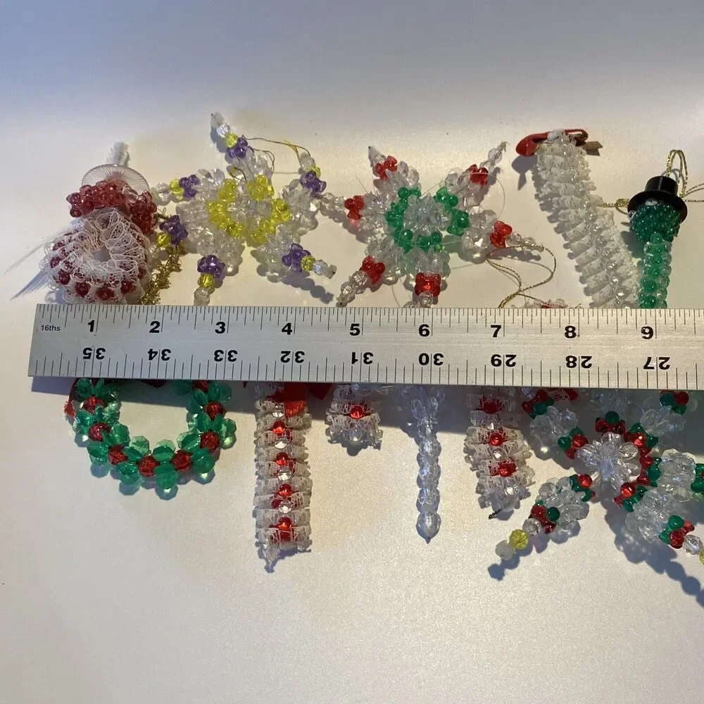 10 Vintage Handmade Plastic Beaded Wire Christmas Ornament Lot Angel Snowflake